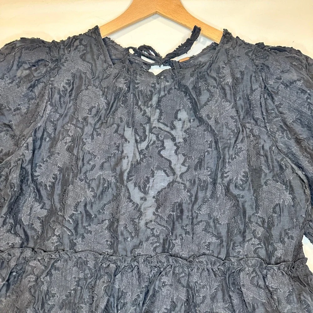 Free People Peplum Blouse Women Large Black Floral Textured Whimsigoth Fairycore